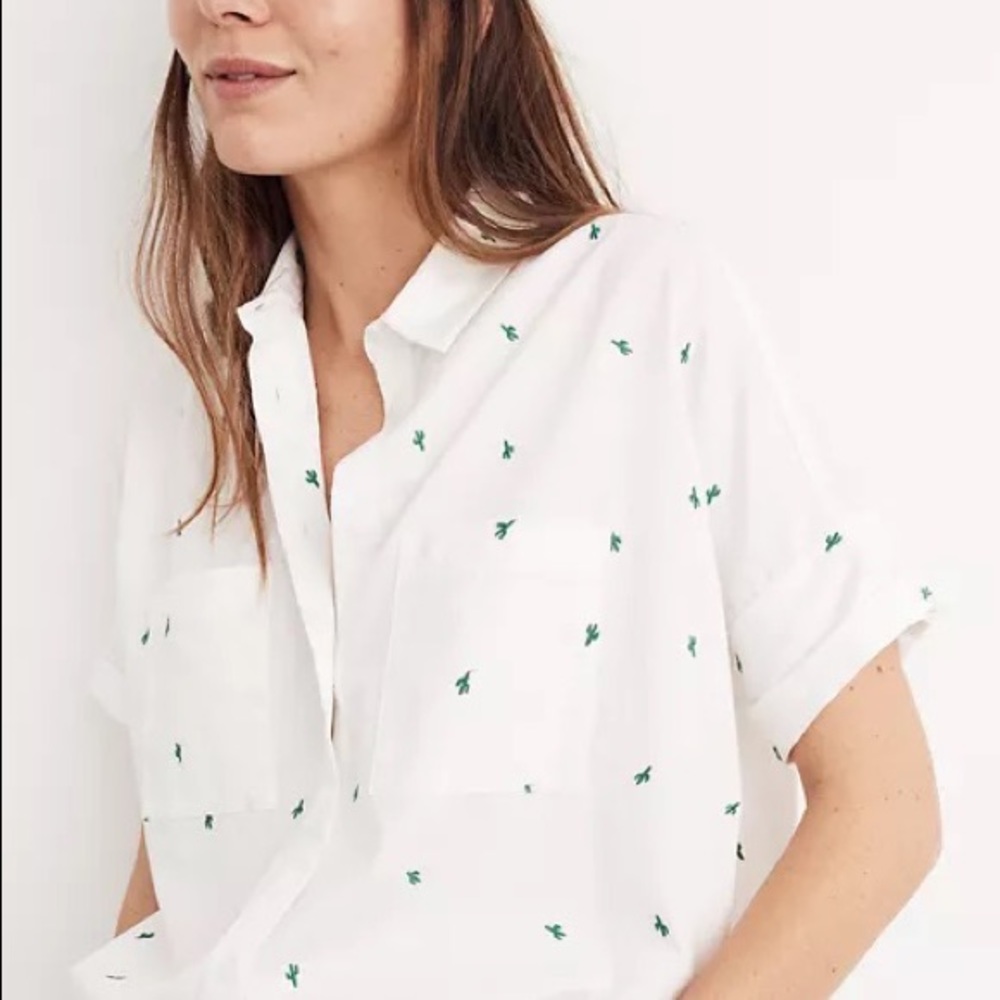 Madewell Women’s Embroidered Cactus Courier Shirt White Oversized Button Down